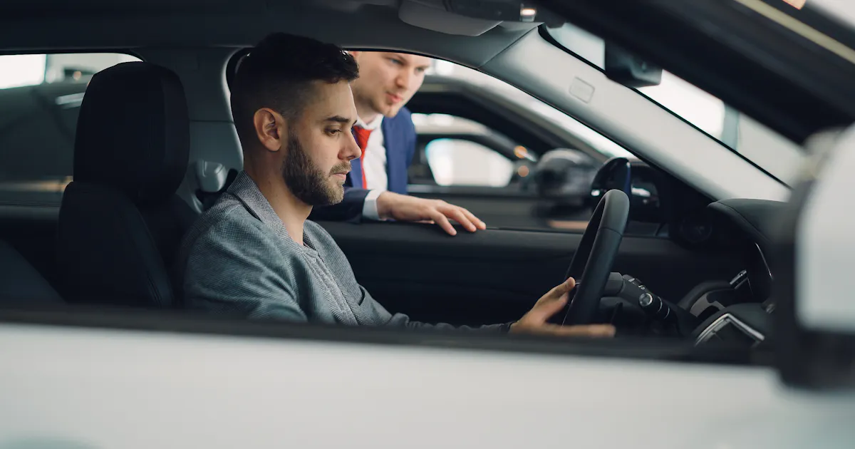 Car buyer discussing auto loan rates with a salesman in Canada