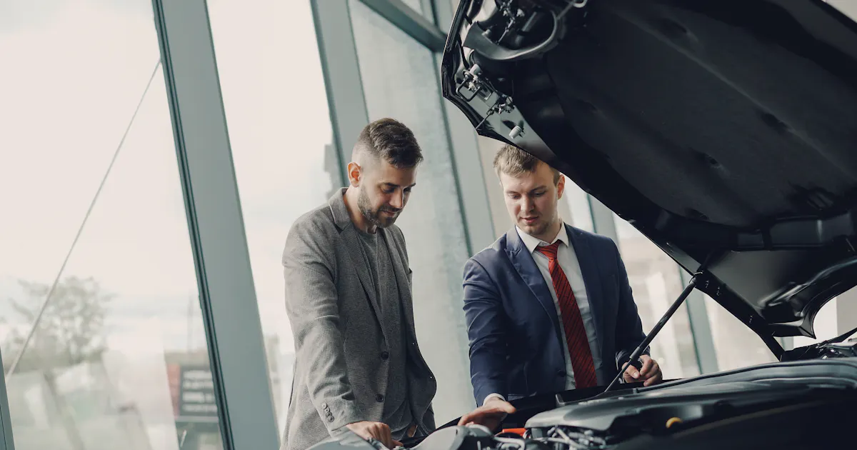 Buyer inspecting a used car engine with a dealer in Canada