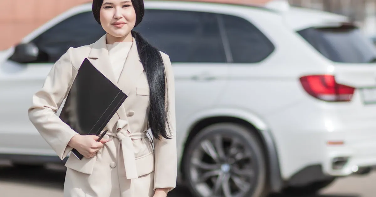 Professional woman with a portfolio beside a white SUV after refinancing her car loan in Canada