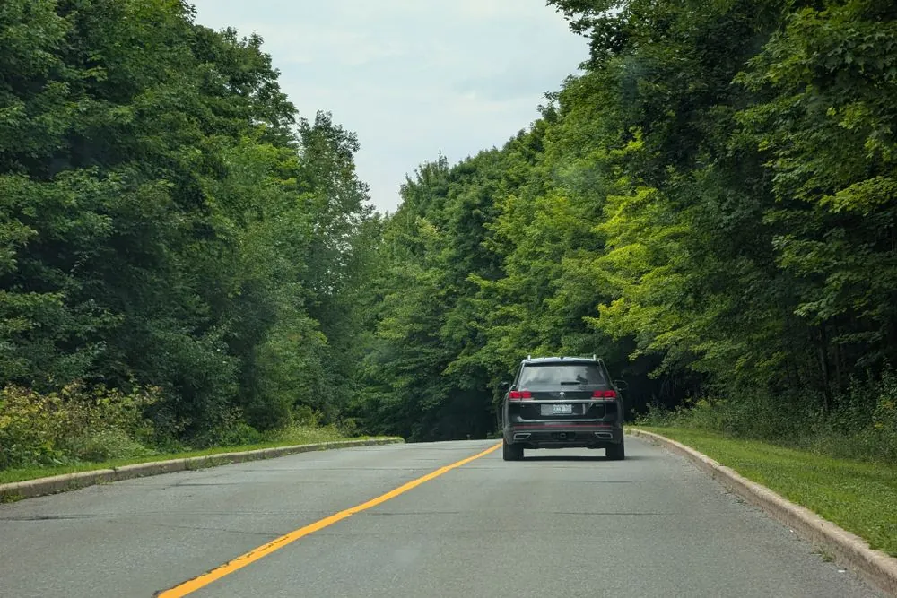 Driving a first car in Canada down a tree lined road in Gatineau